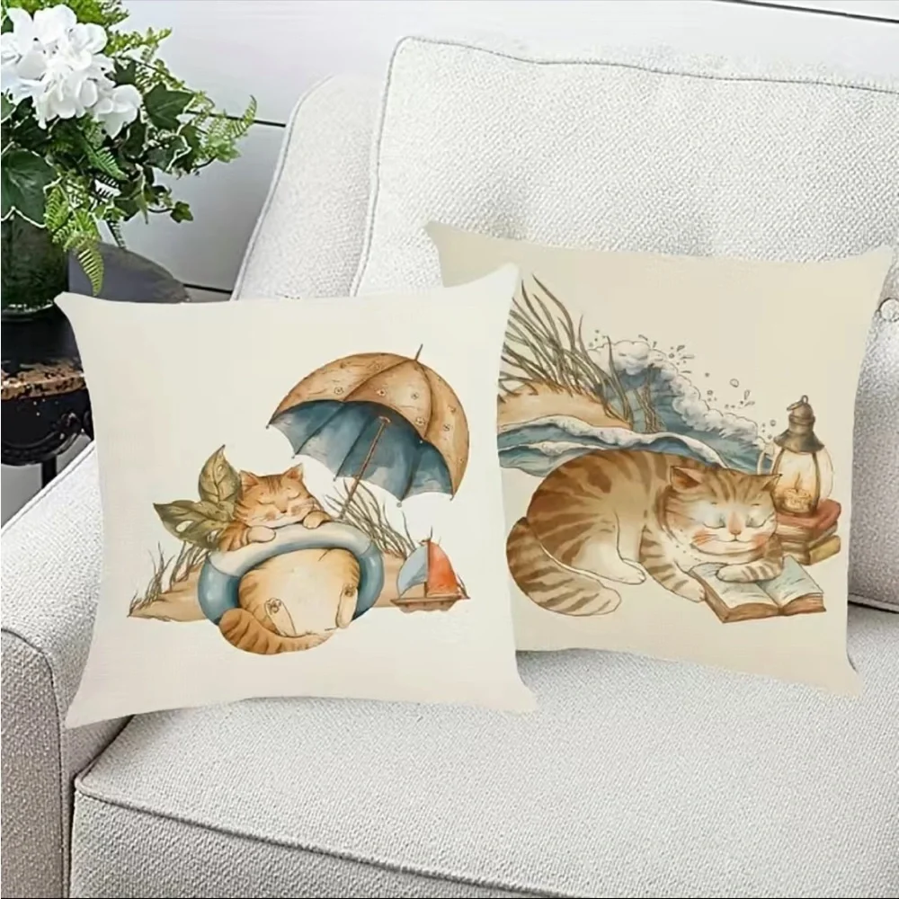 4pcs Cat Modern Sofa Throw Pillow Cover, Decorative Outdoor‎ Linen Blend Fabric